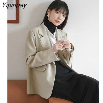 Yipinpay 2023 Winter Office Lady Long Sleeve Apricot Blazer Women Casual Solid Ladies Suit Blazers Work Fall Female Coat Clothing